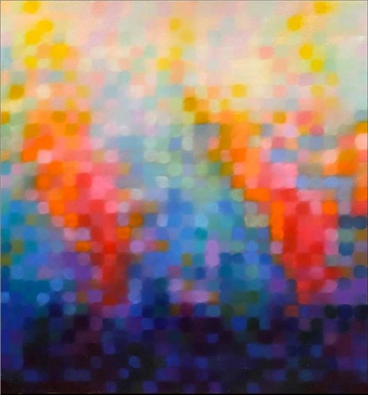 After Sun Cloud, 2023 — a luminous grid of softly blurred circles of colour rising from deep indigo through blues, reds and orange into pale gold light