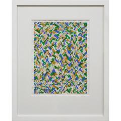 Fugue — rippling green, blue, ochre and pink forms on paper, framed in white