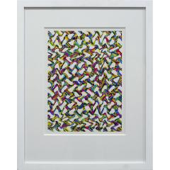 Inflection II — rhythmic interlocking multicoloured marks on paper, framed in white