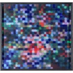 Inflection VIII — deep greens, blues and flashes of red in a darkened circle grid