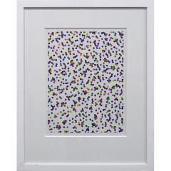 Untitled — a scatter of small violet, gold and green dots across white paper, framed
